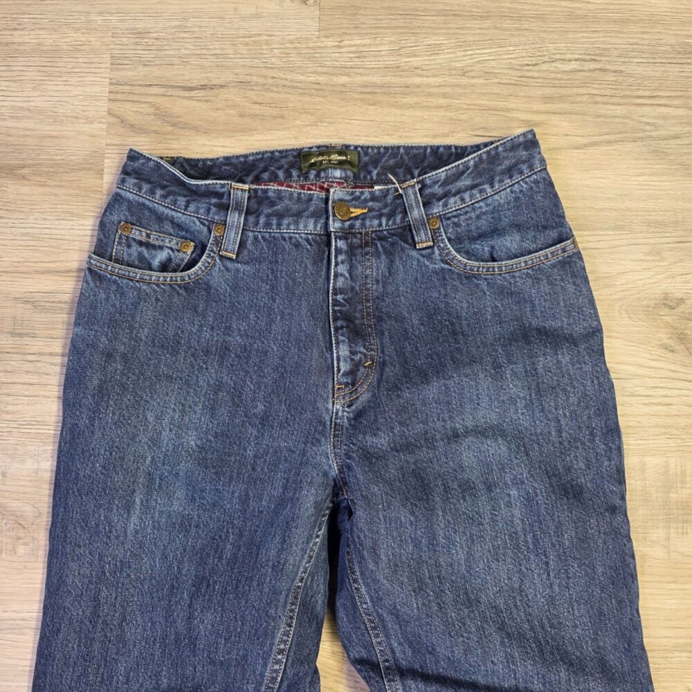 Eddie Bauer Straight-Leg Jeans in Dark Blue with Red Plaid Cuff - Picture 3 of 8